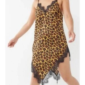 Urban Outfitters Out From Under XS Leopard Print Lace Asymmetrical Slip Dress
